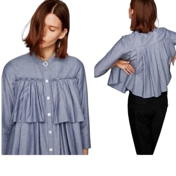 Zara Tops - ZARA Chambray Blue Ruffled Tiered Babydoll Top Snap Front Cropped Sz M